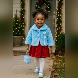 Toddler Girls Lite Blue Faux Fur 3/4 Sleeves Crop Jacket